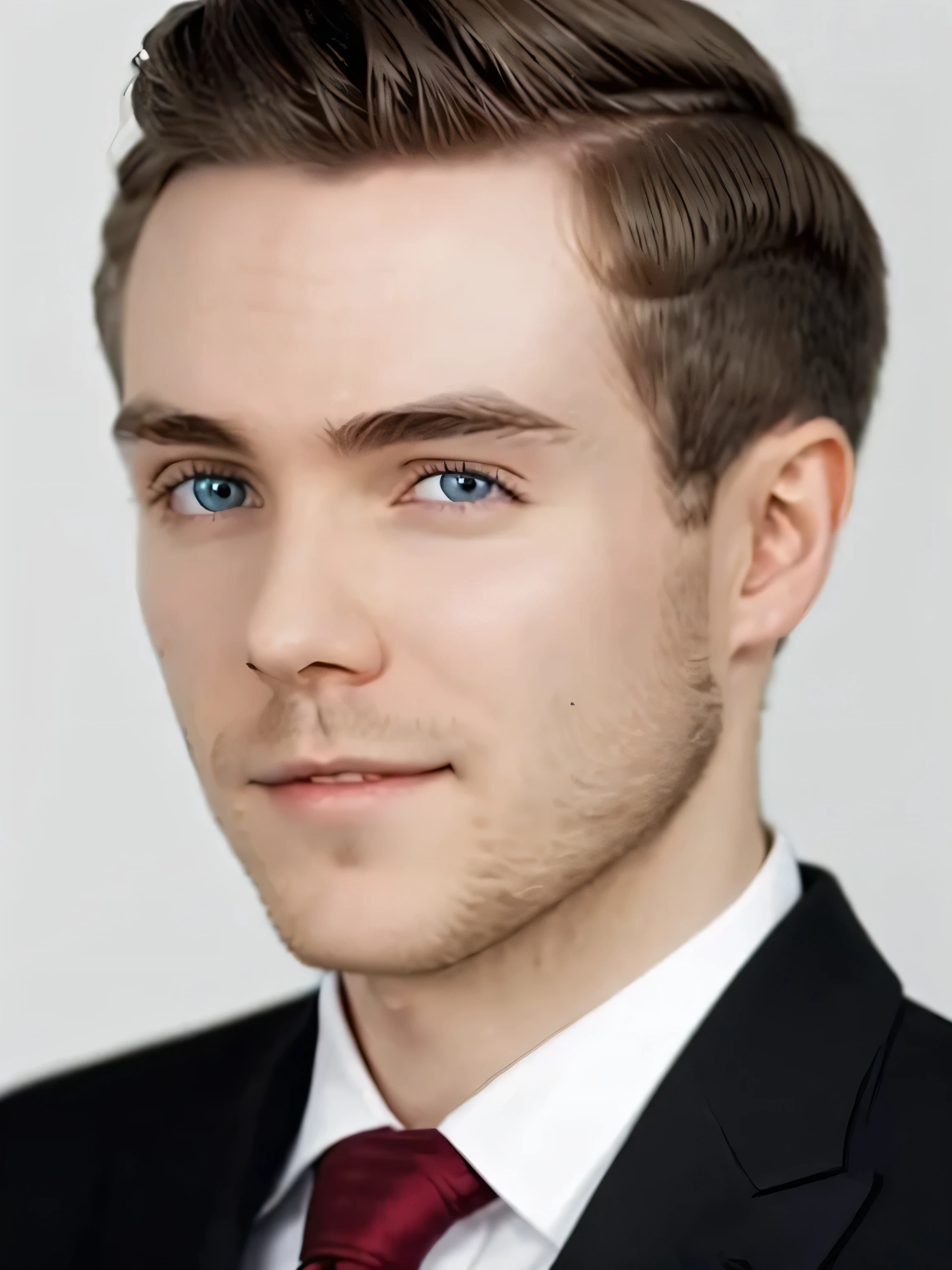 thoughty2, masterpiece, best quality, vibrant color, realistic, photorealistic, soft focus, white gradient background, professional headshot, 1boy, 30 year-old male, upper body, closeup, portrait, facing the viewer, detailed face, handsome, perfect face, piercing blue eyes, smile, white button-up shirt, red necktie, black suit jacket