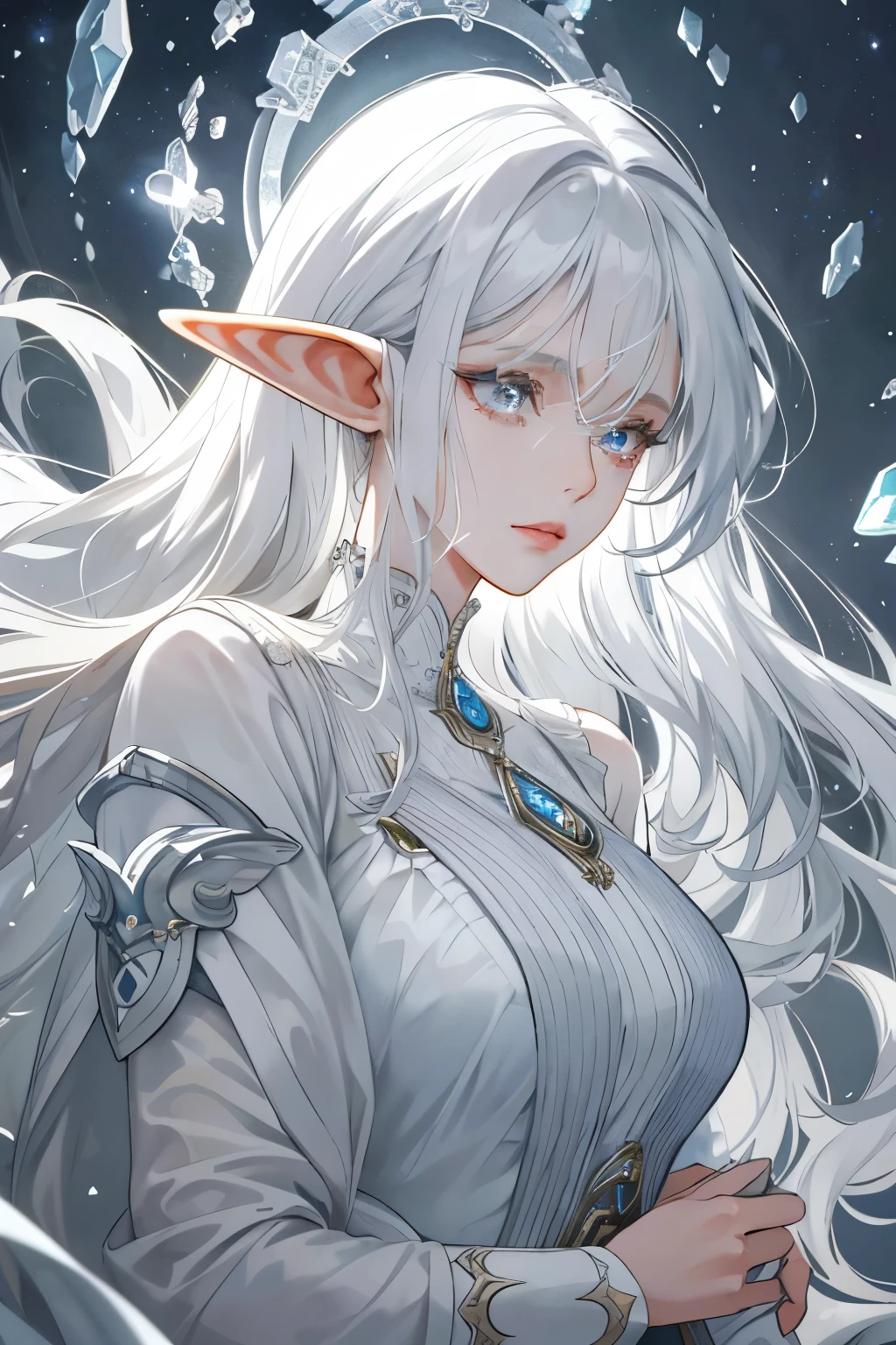 (8K masterpiece, superlative quality, best resolution), an anime woman, portraying a mature elf woman, white hair cascading down her shoulders, parted bangs framing her delicate face, diamond-shaped pupils glowing with a melancholic intensity, colored eyelashes contrasting against her white eyes, looking directly at the viewer with a sad, depressed expression, straight hair falling in soft waves, lips glossed with a subtle sheen, grey eyes gleaming with unshed tears, white clothes adorned with silver details, forming an elegant and gloomy elf princess's attire, low-cut to accentuate her full, sensual body, curvilinear figure with