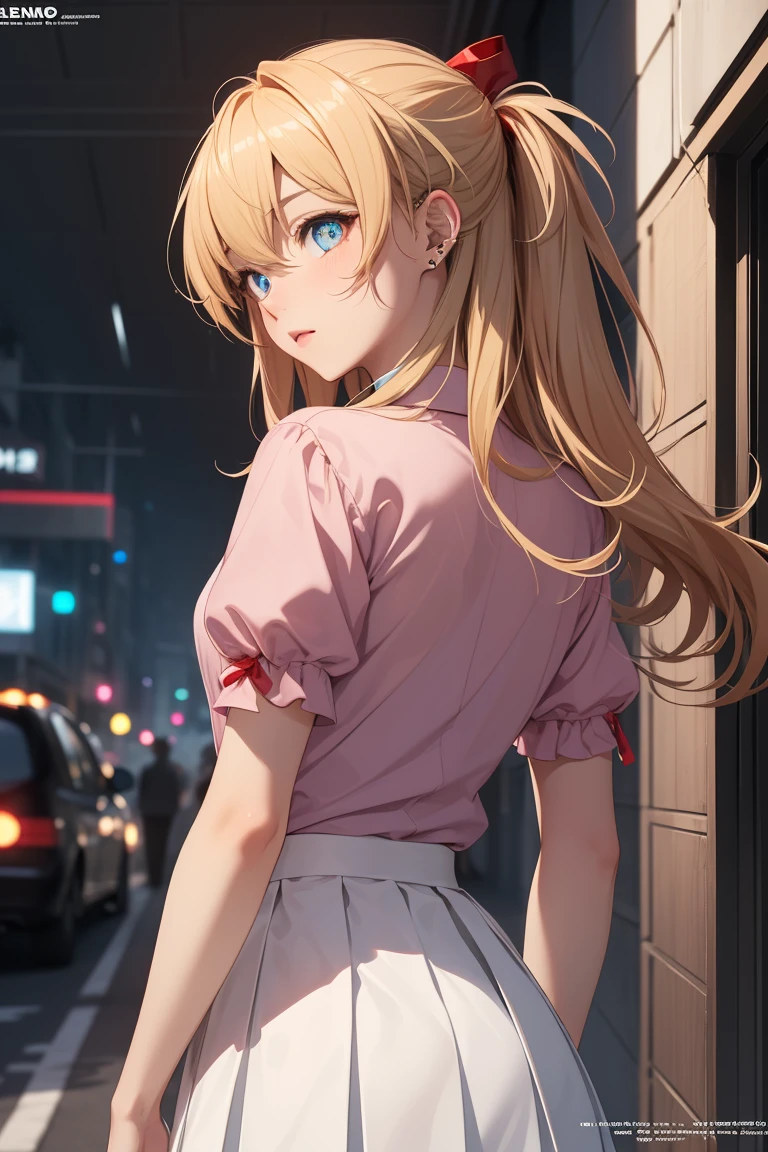 ((souryuu asuka langley, interface headset, blonde)),Her eyes shone like dreamy stars,(glowing eyes:1.233),
BREAK (white skirt, red ribbon, pink shirt, pleated skirt, bangs, neck ribbon, puffy short sleeves:1.2)
BREAK from behind,  ((magazine cover)), lineart, colorful, magazine title, text,
BREAK (masterpiece:1.2), best quality, high resolution, unity 8k wallpaper, (illustration:0.8), (beautiful detailed eyes:1.6), extremely detailed face, perfect lighting, extremely detailed CG, (perfect hands, perfect anatomy),