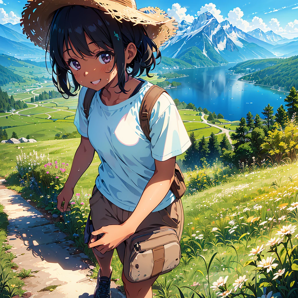 Girl of finely detailed sweaty moist brown tan skin and perfect smiling face and silky short black hair and plump body with beautiful and charming, hiking on meadow, hiking wear and pants and shoes and hat, viewing mountain, summer vacation, pastel colors, lower angle with from bottom angle, romantic, (anime, tone mapped, illustration, best aesthetic, best quality, masterpiece, extremely detailed:1.2)