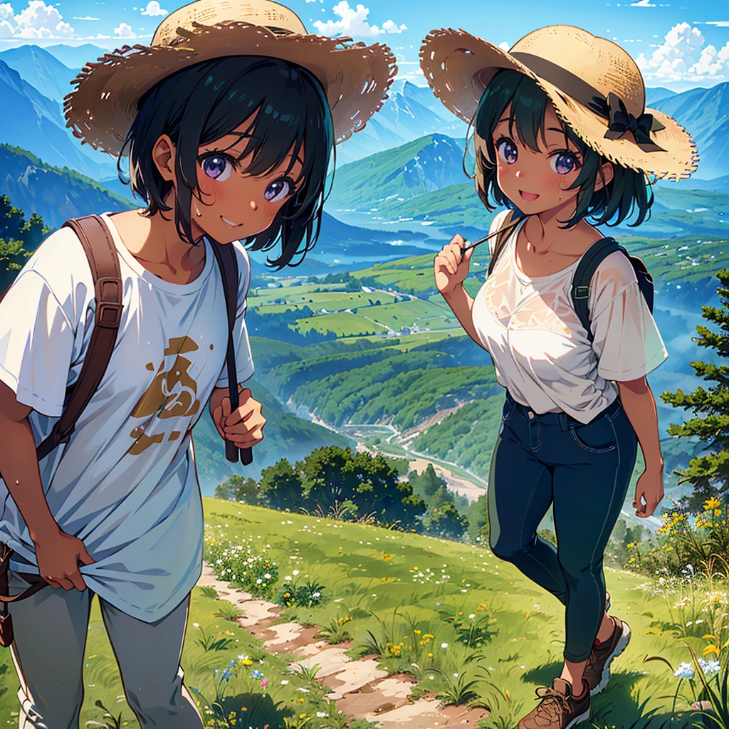 Girl of finely detailed sweaty moist brown tan skin and perfect smiling face and silky short black hair and plump body with beautiful and charming, hiking on meadow, hiking wear and pants and shoes and hat, viewing mountain, summer vacation, pastel colors, lower angle with from bottom angle, romantic, (anime, tone mapped, illustration, best aesthetic, best quality, masterpiece, extremely detailed:1.2)