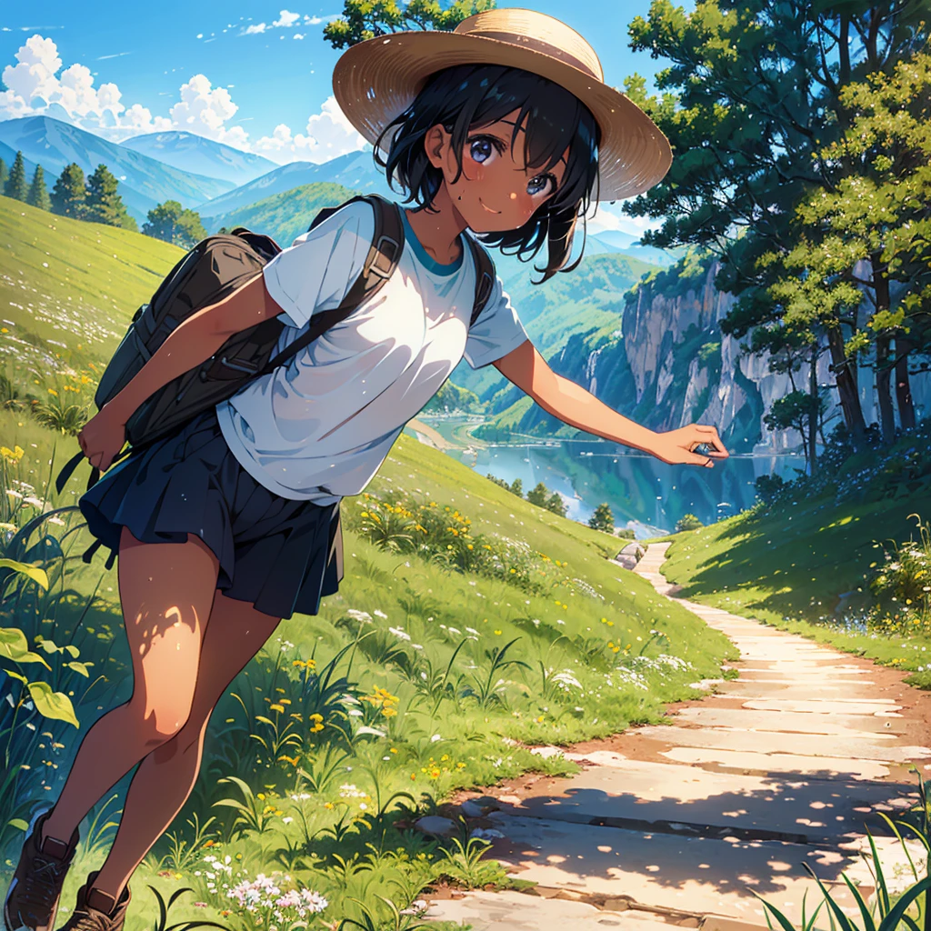 Girl of finely detailed sweaty moist brown tan skin and perfect smiling face and silky short black hair and plump body with beautiful and charming, hiking on meadow, hiking wear and pants and shoes and hat, viewing mountain, summer vacation, pastel colors, lower angle with from bottom angle, romantic, (anime, tone mapped, illustration, best aesthetic, best quality, masterpiece, extremely detailed:1.2)