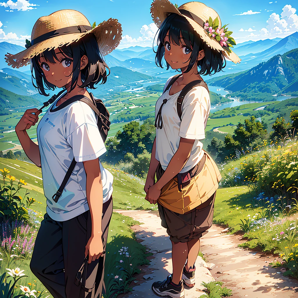 Girl of finely detailed sweaty moist brown tan skin and perfect smiling face and silky short black hair and plump body with beautiful and charming, hiking on meadow, hiking wear and pants and shoes and hat, viewing mountain, summer vacation, pastel colors, lower angle with from bottom angle, romantic, (anime, tone mapped, illustration, best aesthetic, best quality, masterpiece, extremely detailed:1.2)