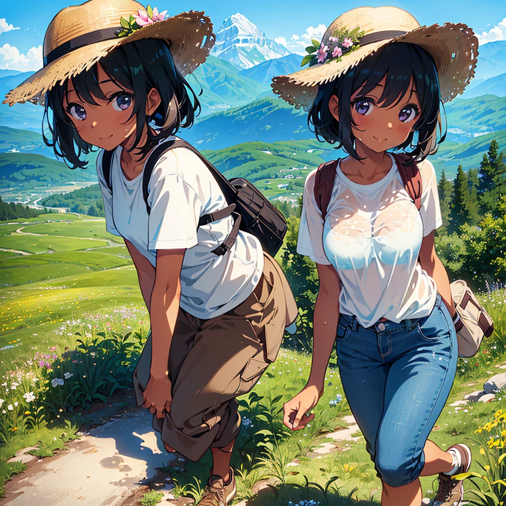 Girl of finely detailed sweaty moist brown tan skin and perfect smiling face and silky short black hair and plump body with beautiful and charming, hiking on meadow, hiking wear and pants and shoes and hat, viewing mountain, summer vacation, pastel colors, lower angle with from bottom angle, romantic, (anime, tone mapped, illustration, best aesthetic, best quality, masterpiece, extremely detailed:1.2)