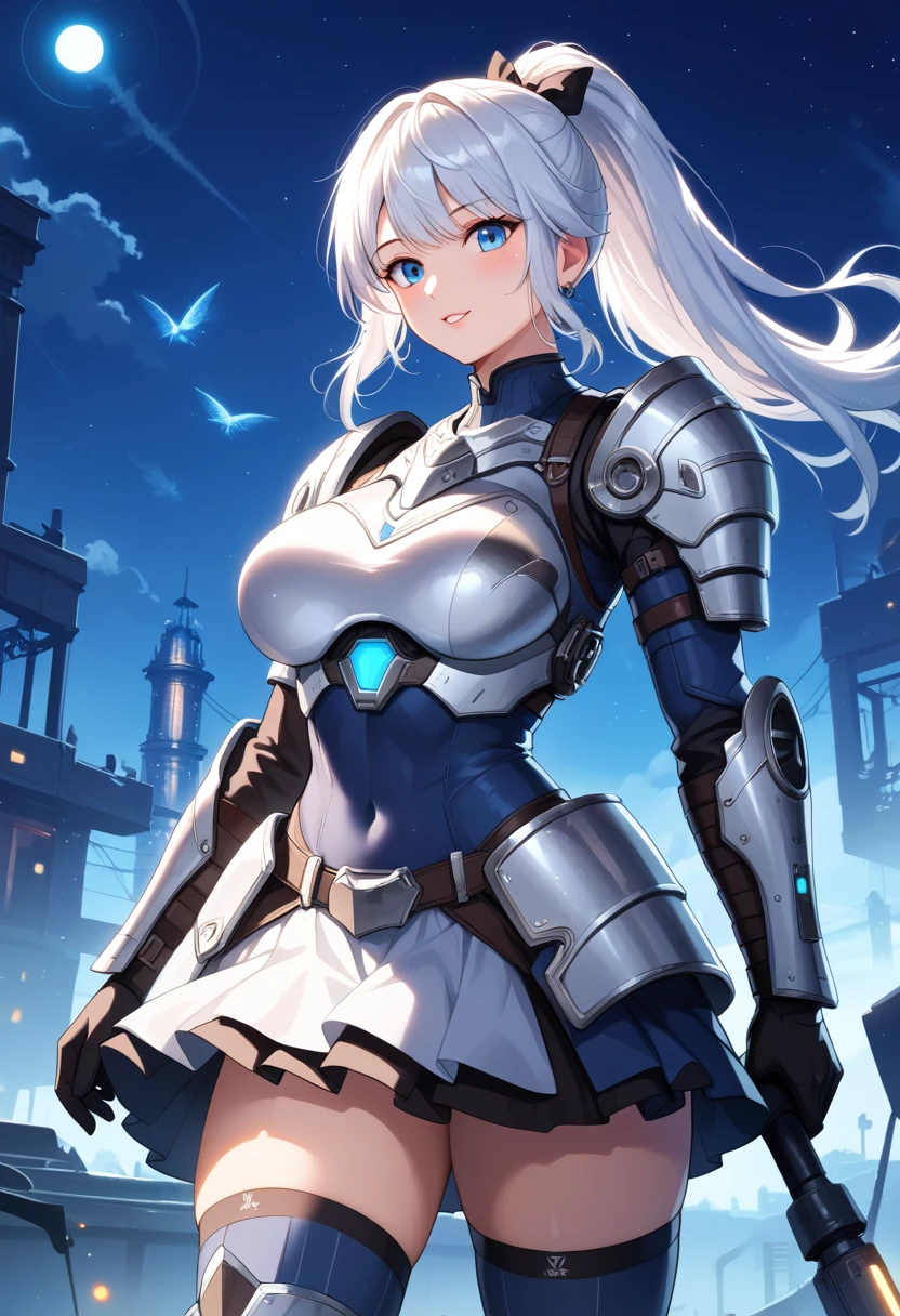 (masterpiece:1.2,high quality), One girl, ((Ultra-Realistic Details)), Global Illumination, shadowing, Dynamic Lighting, Metal,, Decorations detailed, Very intricate details, (Mechanical body:1.2), White Hair,High Ponytail, gear, Apocalyptic,Huge ,Blue and white armor,Skirt Armor,Meteors,night,
