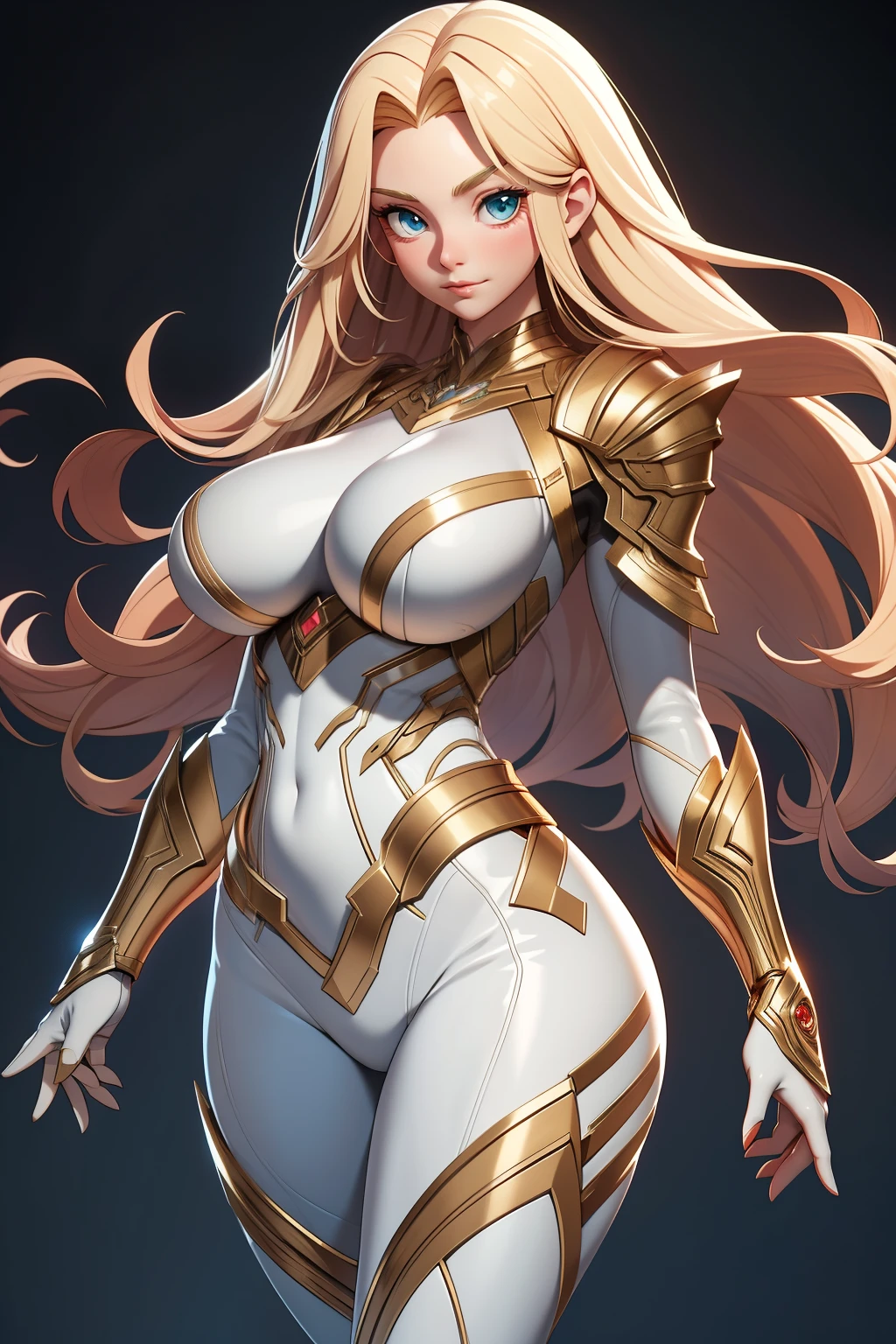 A captivating figure stands with her back illuminated, her very long blonde hair cascading down her shoulders, fitting perfectly against the white skin of her complexion. She is adorned in an armor suit inspired by both Aphrodite and Jean Grey, the design showcasing intricate details and bold lines that accentuate her superior body part – her massively immense hips and the worlds largest massive . The circumference of her lower extremities far exceeds 90 inches, embodying a fusion of Christina Hendricks and young Brooke Shields' voluptuousness.

She wears an armor suit and gloves that fit her impossibly small, tiny waist with