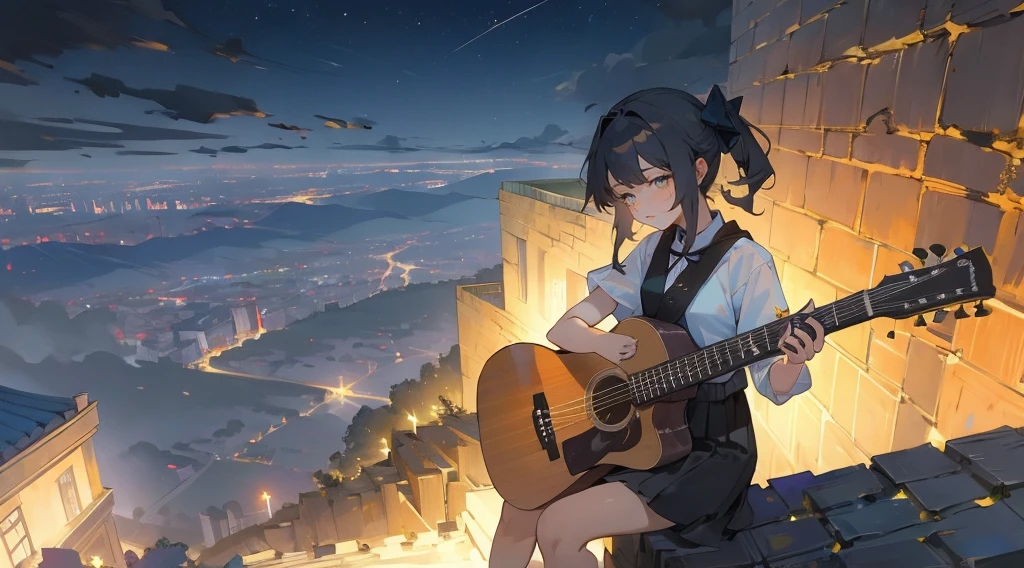 (masterpiece:1.3), (the best quality:1.2), 

masterpiece,night,(dark alley),star、Night Sky、Overlooking the city、
(1 girl), (独奏), Knee hugging sitting，acousticguitar