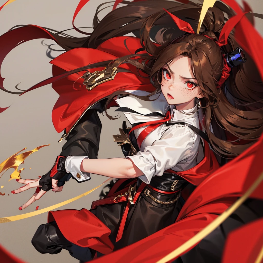 1girl, light skin color, long brown hair, Red eye, serious facial expression, freckles, red ribbon, red jacket, black skirt, black top, black paint, fingerless gloves, black headband