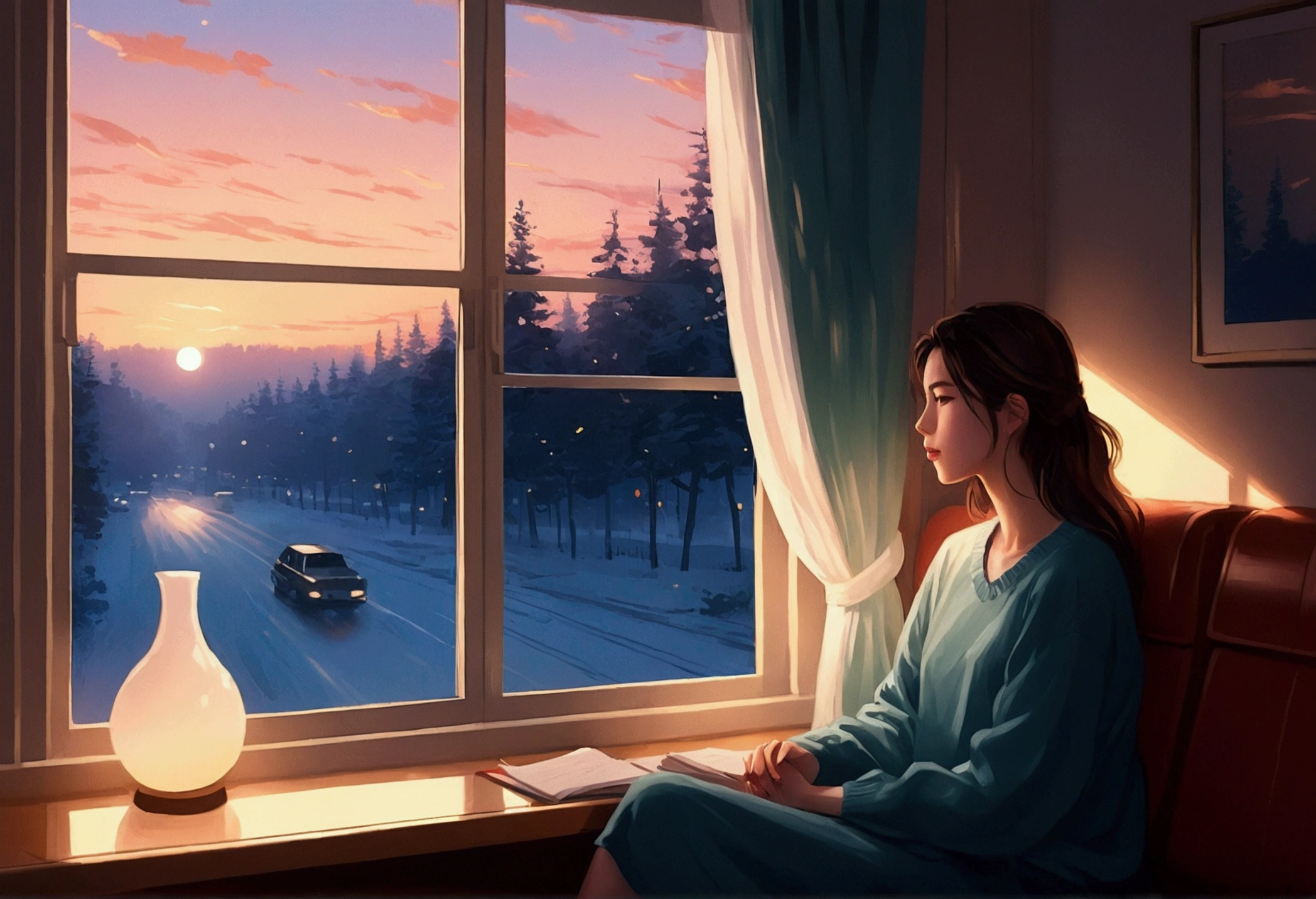 Woman sitting in coach in front of window, Digital painting inspired by Alena Aenami, pixiv, realism, silent Night. digital illustration, blurred and dreamy picture, blurry and dreamy picture, artistic. Alena Anami, keyframe picture, dreamy picture, Lo-Fi illustration style, style of Alena Anami, sight