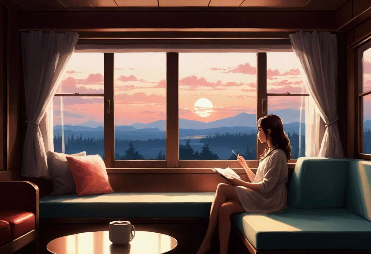 Woman sitting in coach in front of window, Digital painting inspired by Alena Aenami, pixiv, realism, silent Night. digital illustration, blurred and dreamy picture, blurry and dreamy picture, artistic. Alena Anami, keyframe picture, dreamy picture, Lo-Fi illustration style, style of Alena Anami, sight