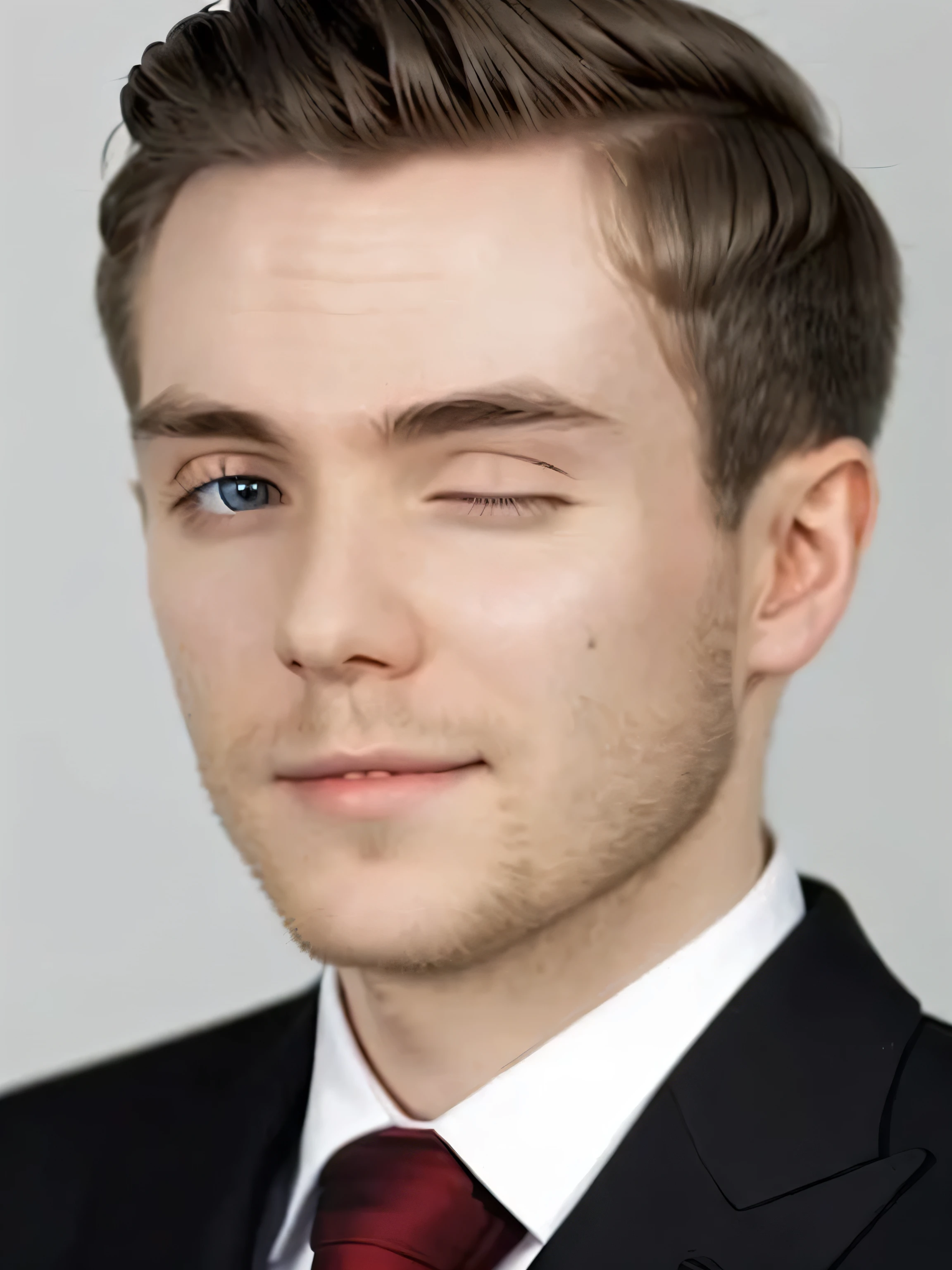 thoughty2, masterpiece, best quality, vibrant color, realistic, photorealistic, soft focus, white gradient background, professional headshot, 1boy, 30 year-old male, upper body, closeup, portrait, facing the viewer, detailed face, handsome, perfect face, left eye open, (right eye closed:1.2), piercing blue eyes, smile, white button-up shirt, (red necktie:1.6), black suit jacket