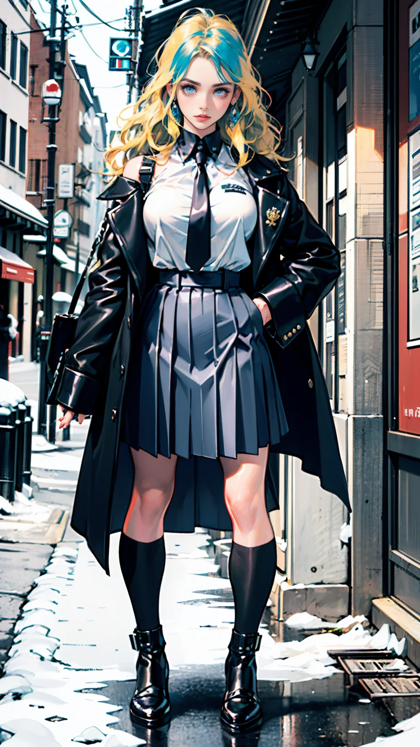 (ultra-detailed, photorealistic, best quality, 4k, 8k, highres, masterpiece:1.3), a woman wearing a winter coat in the snow, In her Swiss Elite Private , Isabella exudes an air of rebellious elegance, Her outfit includes a Top: A crisp white blouse neatly tucked into her pleated navy blue skirt, worn daringly shorter than the standard length, hinting at her bold personality, Bottom: A pleated navy blue skirt that accentuates her supermodel-like figure, Shoes: Polished, high-quality leather shoes subtly reflecting her affluent background, Accessories: A vintage silver locket, a family heirloom, showcasing her individuality amidst the uniformity, Her blonde hair: Left loose, its wavy locks cascading around her shoulders, enhancing her youthful charm, Additional: Her school blazer is often casually draped over her arm, adding a touch of nonchalance to her otherwise formal attire, Despite the constraints of the uniform, Isabella injects it with her unique personality, transforming it into a fashion statement that sets her apart from her peers, (((intricate detail, super finely detailed hands, ultra finely detailed fingers, ten fingers, standing confidently, full body showcase, show full body))),