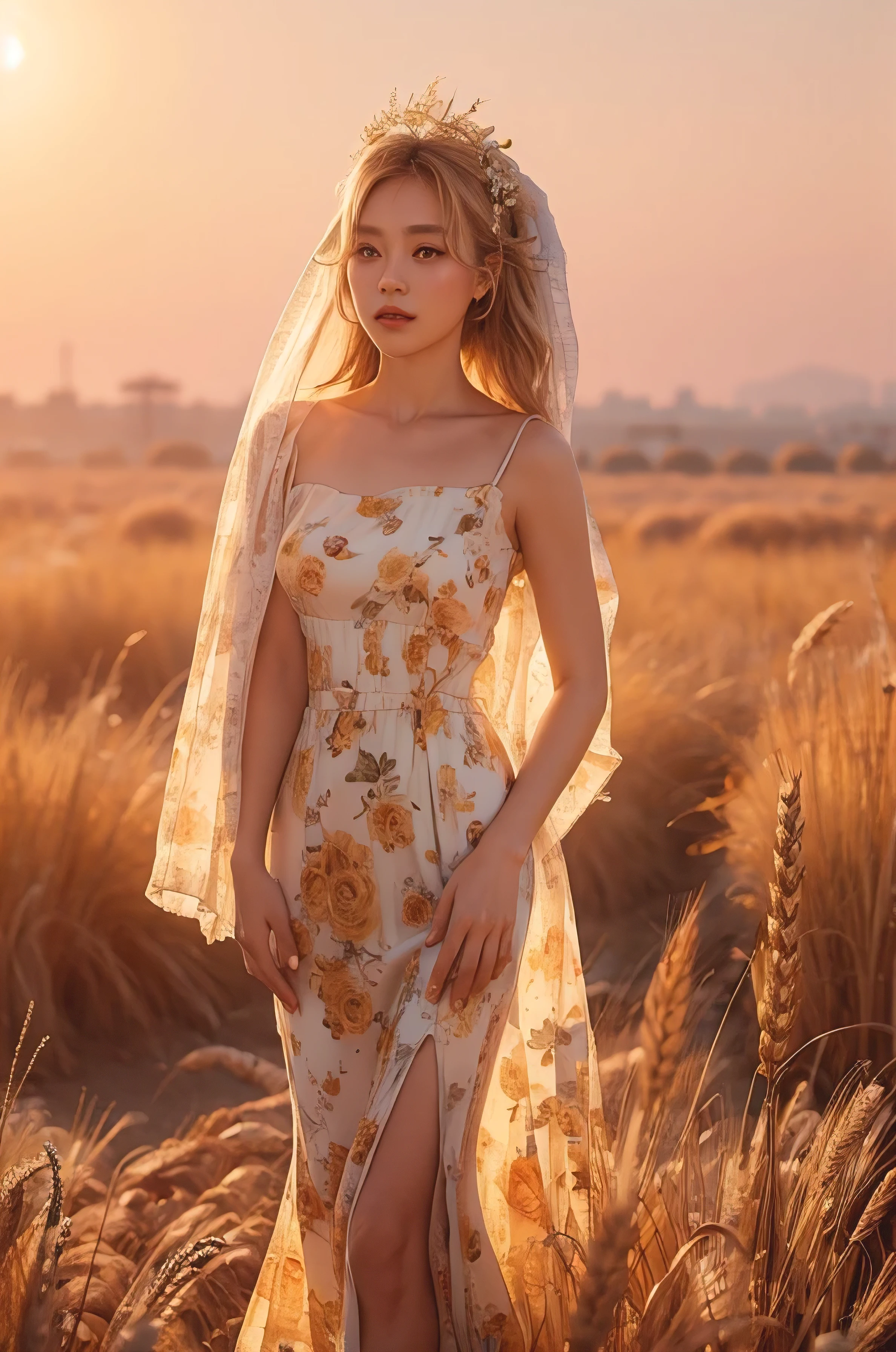 (best quality, masterpiece), (realistic, photo realistic), UHD, extremely detailed CG unity 8k wallpaper, sharp focus, (realistic skin), perfect anatomy, (natural lighting), glossy lips,
BREAK
1girl, standing, wheat fields, golden hair color, long hair blowing in the wind, looking at viewer, (wearing loose floral dress), golden hour,