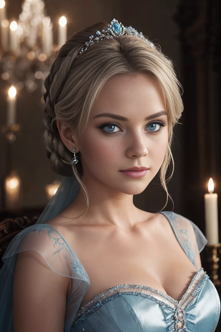 Create a photorealistic close-up portrait of Cinderella, age 30, in a Dark Fantasy style. Cinderella’s expression is a mix of melancholy, with her light blue eyes slightly wistful. She wears a tattered, shimmering blue gown with silver accents, and her blonde hair is styled elegantly. The background shows a dark, shadowy ballroom with flickering candlelight and looming silhouettes. The portrait emphasizes Cinderella’s delicate features and the ethereal glow of her gown.
