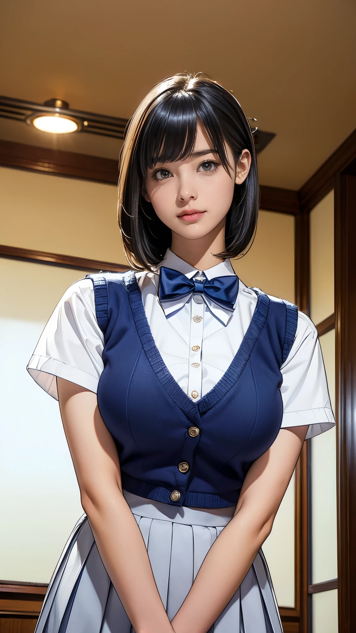 (masterpiece:1.2, Highest quality), (Realistic, photoRealistic:1.4), (Large Breasts:1.5), Beautiful illustrations, (Natural Side Lighting, Cinema Lighting), Written boundary depth, Looking at the audience, (Face Focus, Upper Body), Front view, 1 girl, Japanese, high school girl, 15 years old, Perfect Face, Symmetrical cute face, Glowing Skin, (Bob Hair:1.7,Black Hair), Asymmetrical bangs, Big eyes, Droopy eyes, long eyelashes chest), thin, Beautiful Hair, Beautiful Face, Beautiful and beautiful eyes, Beautiful clavicle, Beautiful body, Beautiful breasts, Beautiful thighs, Beautiful legs, Beautiful fingers, ((Quality fabric texture, brown knit vest, Short sleeve white collar shirt, Navy Pleated Skirt, Navy bow tie)), (Beautiful views), evening, (Inside the flower shop), Are standing, (smile, Superior, Open your mouth), (From below:1.5),(Poor visibility:1.5), (From below)