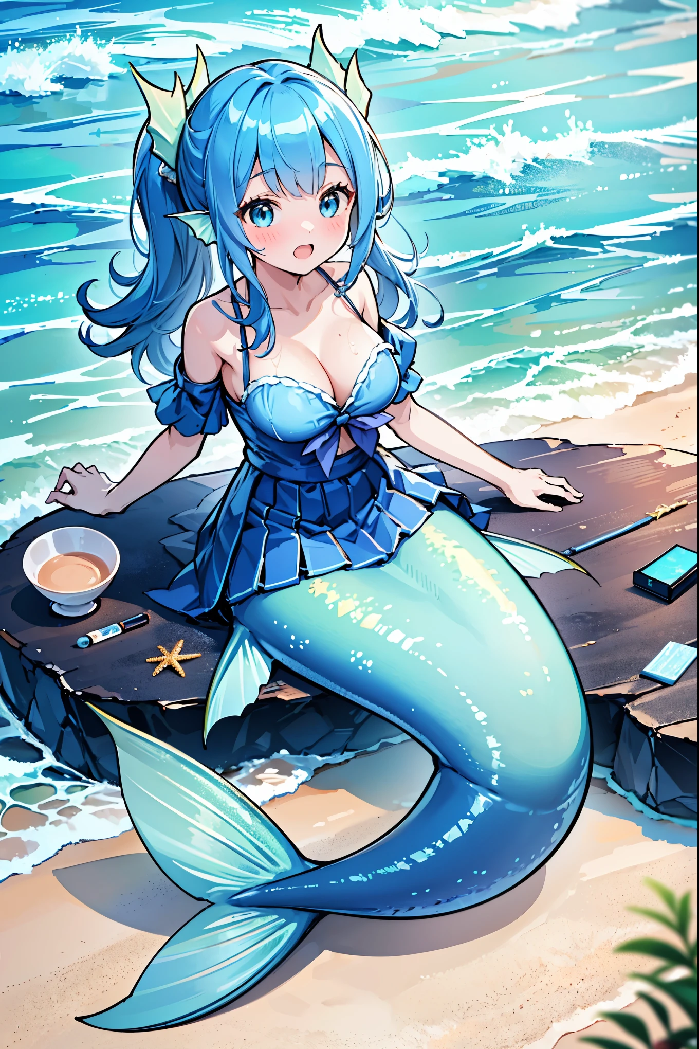 masterpiece, best quality,(Full fingers),A woman,Mermaid,Large Breasts,Head fin,Blue shirt,Blue Skirt,藍色的Mermaid尾巴,full-body shot,ocean,Beach,charming脸(Kawaii, charming,Soft)