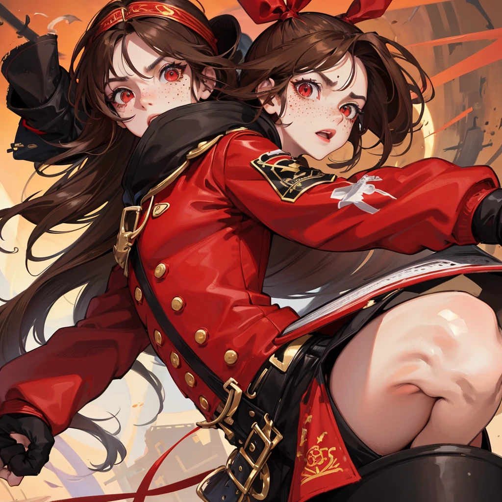 ultra-detailed, Explicit, Beautiful body, Beautiful Nose, Beautiful character design, perfect eyes, perfect face, ultra highres, 4K, beautiful legs, perfect legs, Nice hands, Perfect hand, Masterpiece, Best Quality, Highly detailed, illustration, absurdres, street fighter, doll suit, shadaloo doll, dollsuit, expressionless, blank eyes, looking at viewer, red gloves, emotionless, black latex, corrution, mind control, female combatant, full body, hypnotized, unhappy trance, full body suit, ribbed bodysuit, both arms at side, obey, perfect female body, extremely glossy latex, hypnosis, hypnoLora, empty eyes, Mind control device, poses, submissive_pose, Slave, hat, necktie, standing, standing up straight, Standing at attention, hat, yellow necktie, belt, latex, ribbed bodysuit, thighhighs, garter belt, Fighting Stance,  saluting, military, military saluting, salute, thigh boots, solo, blood on shirt, blood on hand, blood on clothes, blood on face, blood, blood on arm, blood on cheek, blood on leg, gun, holding gun, gun in hand, Stellvia of the Universe, Katase Shima, brown hair, twin tails, bun, brown eyes, space station background, space background
