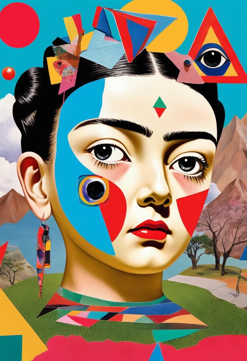 frieda kahlo，Surreal and strange dislocation art：Collage，There are many different things on the faces，neon colors playground toys，Geometric Dislocation，Collage,Hollow，Artistic sense，Painting，paint，Simple, children playing  girls and boys