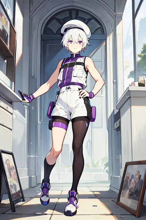 man, gay, short white hair with a purple fringe, White cap, with robotic left arm, black sleeveless shirt, Morados shorts, long tights, herrero