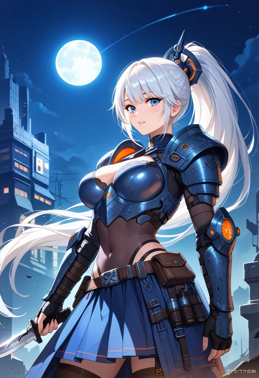(masterpiece:1.2,high quality), One girl, ((Ultra-Realistic Details)), Global Illumination, shadowing, Dynamic Lighting, Metal,, Decorations detailed, Very intricate details, (Mechanical body:1.2), White Hair,High Ponytail, gear, Apocalyptic,Huge ,Blue and white armor,Skirt Armor,Meteors,night,Big knife,