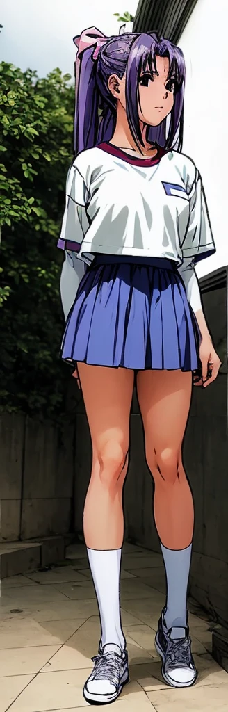 Momoko Koigakubo, a tall girl with beautiful legs, stands in a white gym uniform and light navy blue bloomers that look like panties.。Side angle。