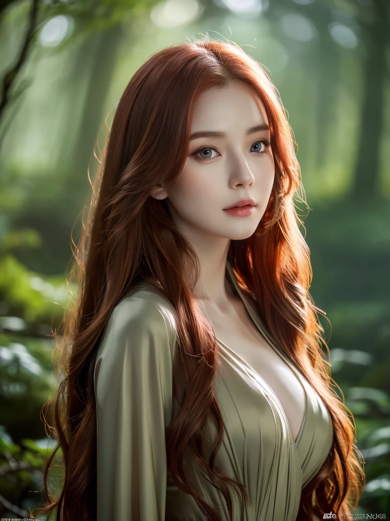 a beautiful redheaded asian girl, long very silky hair, elegant elf dress, dense forest, no sunlight, detailed face and eyes, very big tits (best quality,4k,8k,highres,masterpiece:1.2),ultra-detailed,(realistic,photorealistic,photo-realistic:1.37),magical fantasy atmosphere,fantasy,concept art