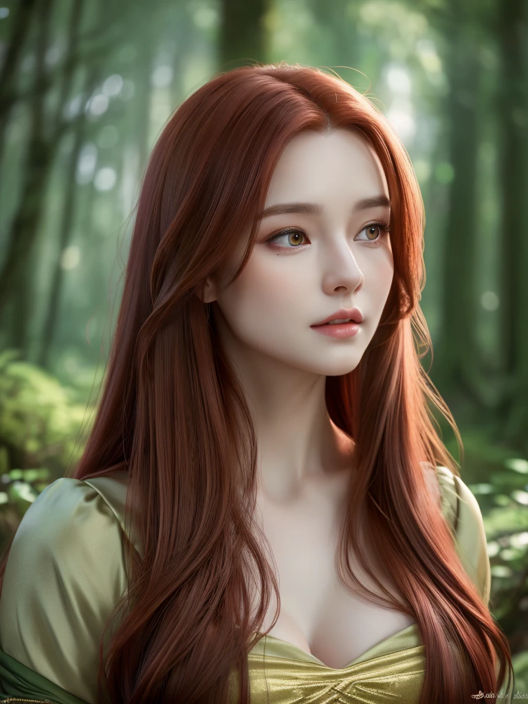 a beautiful redheaded asian girl, long very silky hair, elegant elf dress, dense forest, no sunlight, detailed face and eyes, very big tits (best quality,4k,8k,highres,masterpiece:1.2),ultra-detailed,(realistic,photorealistic,photo-realistic:1.37),magical fantasy atmosphere,fantasy,concept art