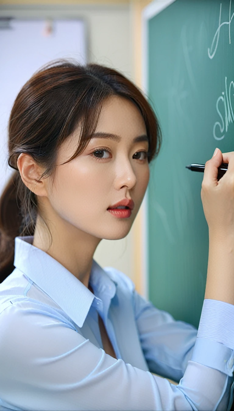 Extreme close-up of a beautiful Korean woman, 34 inch breast size, Wearing a light blue long sleeve collared shirt, Writing on the board, Ultra-high resolution