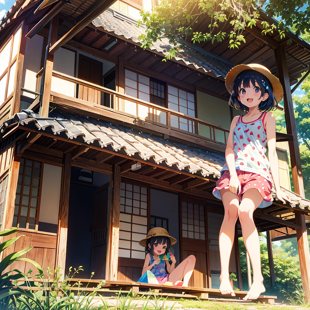 absurdres, highres, vivid
BREAK
one (loli:1.15) girl griping (popsicle) at veranda (wood deck:0.5) of (Japanese house), (summer) vacation, tank top (watermelon) (printed) shirt, short pants, straw hat , smile, happy, open mouth, (sunlight:0.3), (lens flare:0.3), sitting, (sole of feet), (from below:1.25), looking at viewer
BREAK