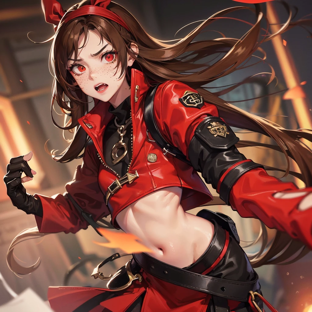 1 girl, light skin color, long brown hair, Red eye, serious facial expression, freckles, red ribbon, red jacket, black skirt, black top, black paint, fingerless gloves, black headband