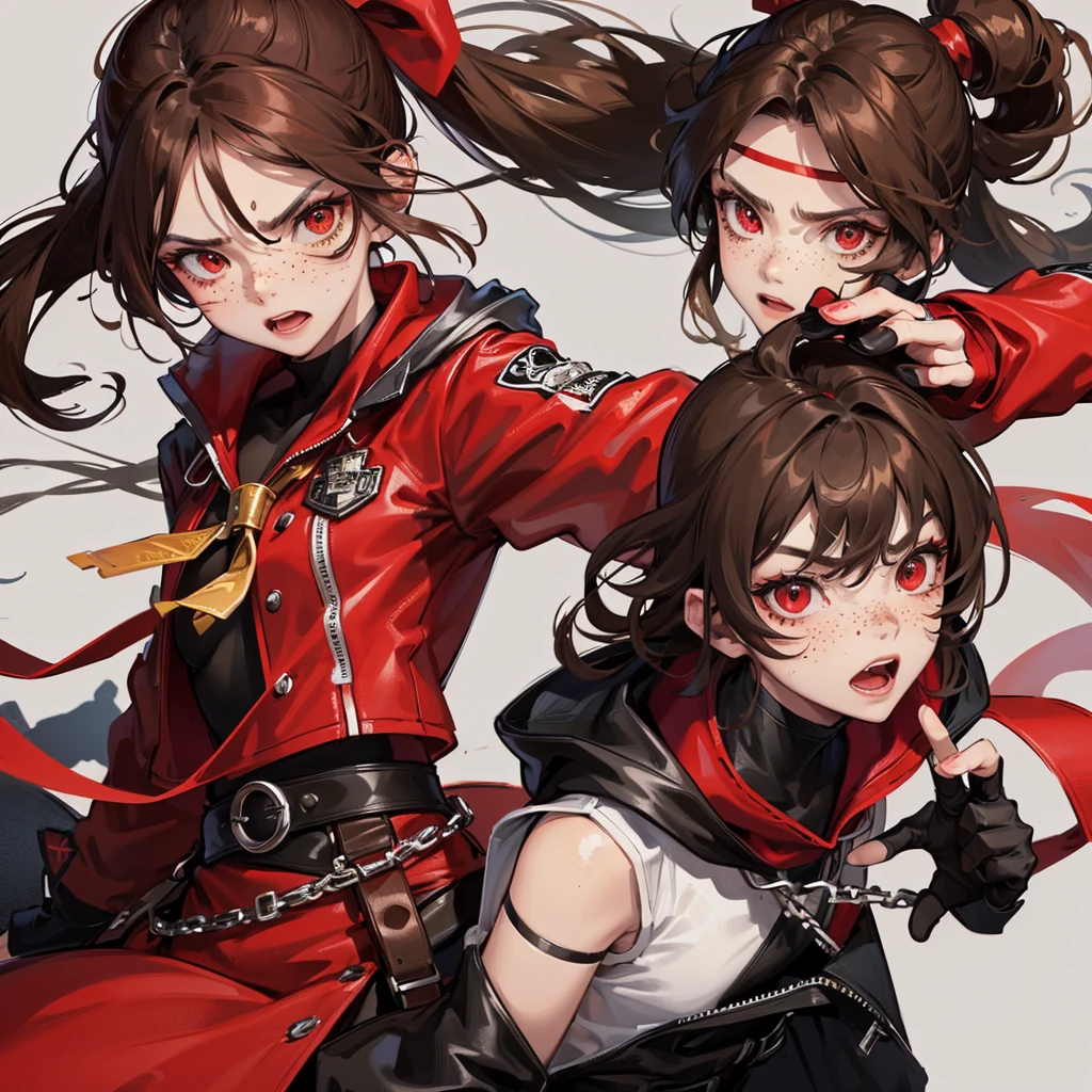 1 girl, light skin color, long brown hair, Red eye, serious facial expression, freckles, red ribbon, red jacket, black skirt, black top, black paint, fingerless gloves, black headband