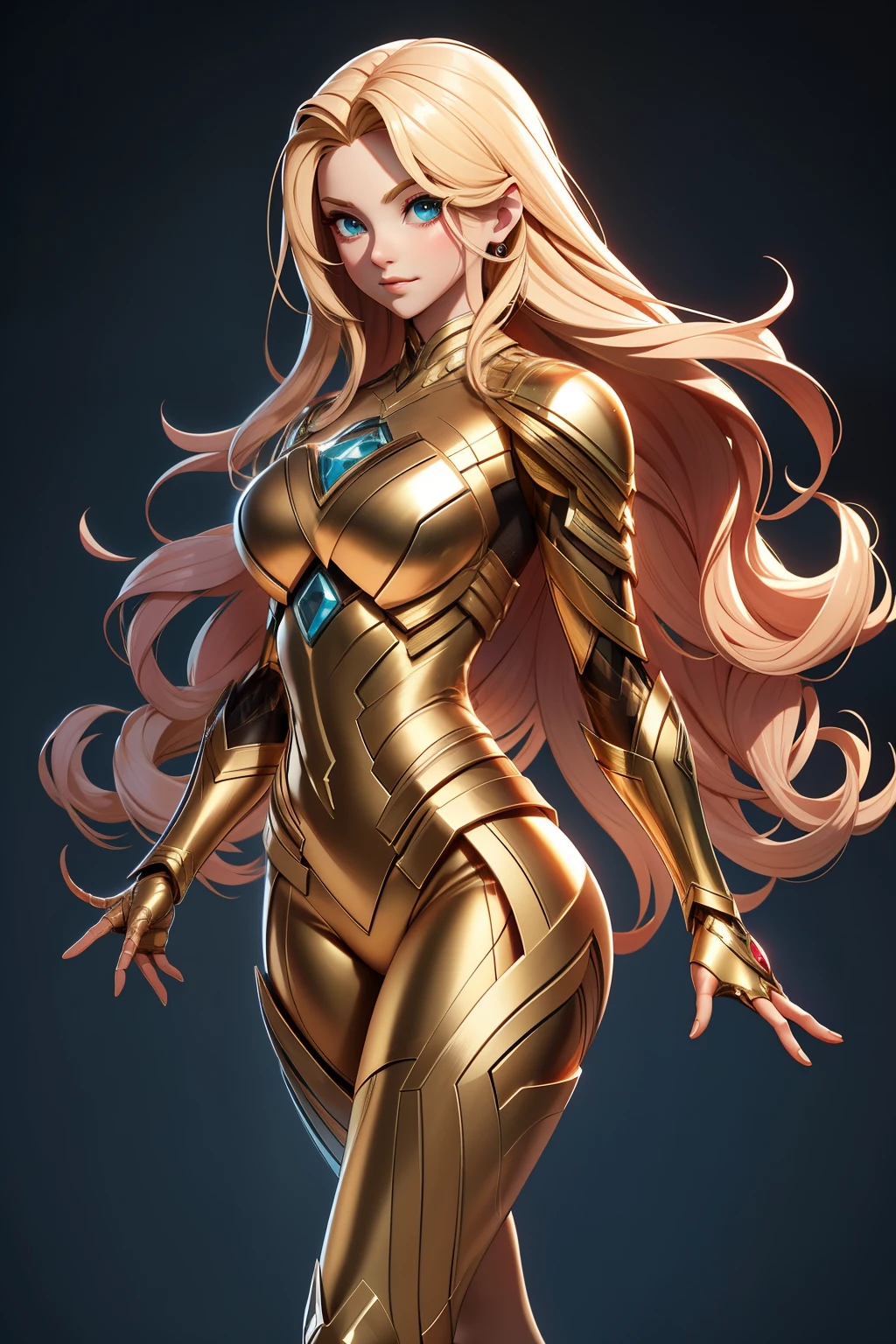 In a random yet captivating location, a woman of striking stature stands, her very long blonde hair cascading down her back like a golden waterfall, perfectly complementing her fair skin complexion. She is clad in an armor suit, an inspired fusion of the mythological goddess Aphrodite and the iconic X-Men character Jean Grey. The suit, crafted with impeccable detail, includes intricate armor pieces that cover her arms and gloves, showcasing a womanly strength and allure.
Her waistline, despite carrying an impossibly small and tiny circumference, is accentuated by the suit, revealing a set of abs that defy expectations. Her lower extrem