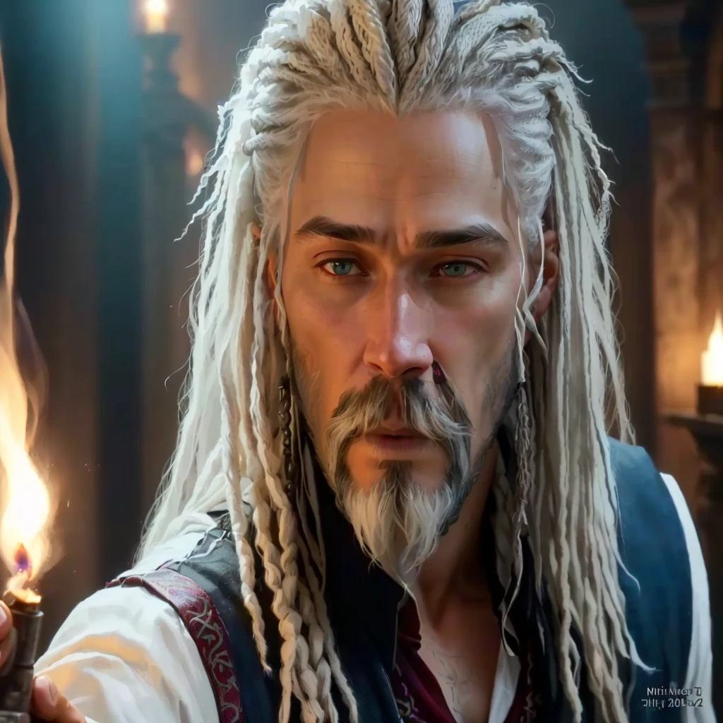 a man with dreadlocks and a beard holding a lit candle, from witcher (2021), with long white hair, white hair dreads, still from a fantasy movie, inspired by Li Gonglin, keanu reeves as geralt of rivia, similar to legolas, dwarf with white hair, as a medieval fantasy character, white hairs, from warcraft