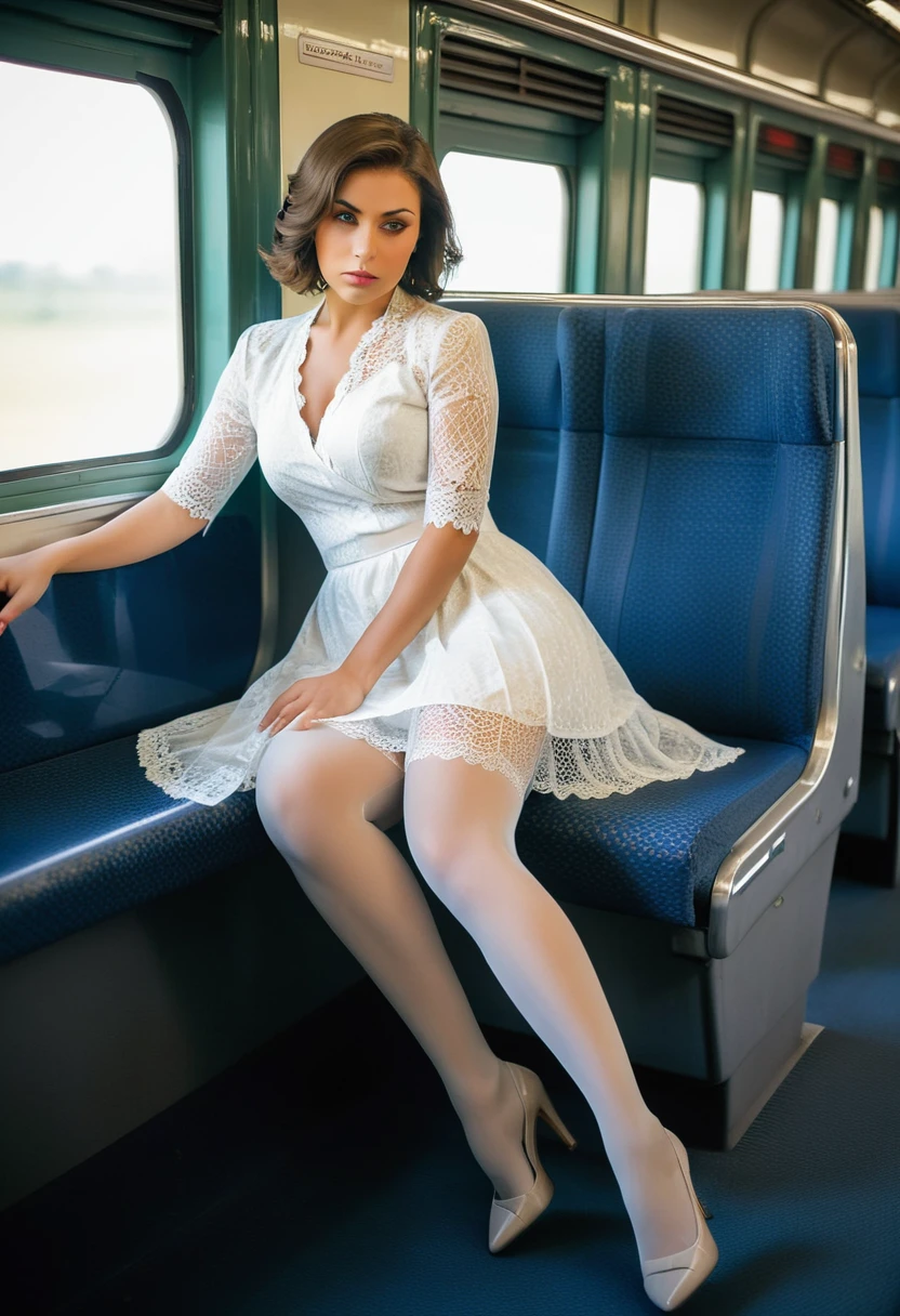 Sit elegantly, Beauty sitting on train seat, Angle from the front, Voluptuous body, Shot from the opposite seat, Knee height seat, Her lacy white panties are slightly visible, View the photographer, One Woman, full body, (Disdainful look), skirt, pantyhose, High heels, Sexy Dress, Long legs