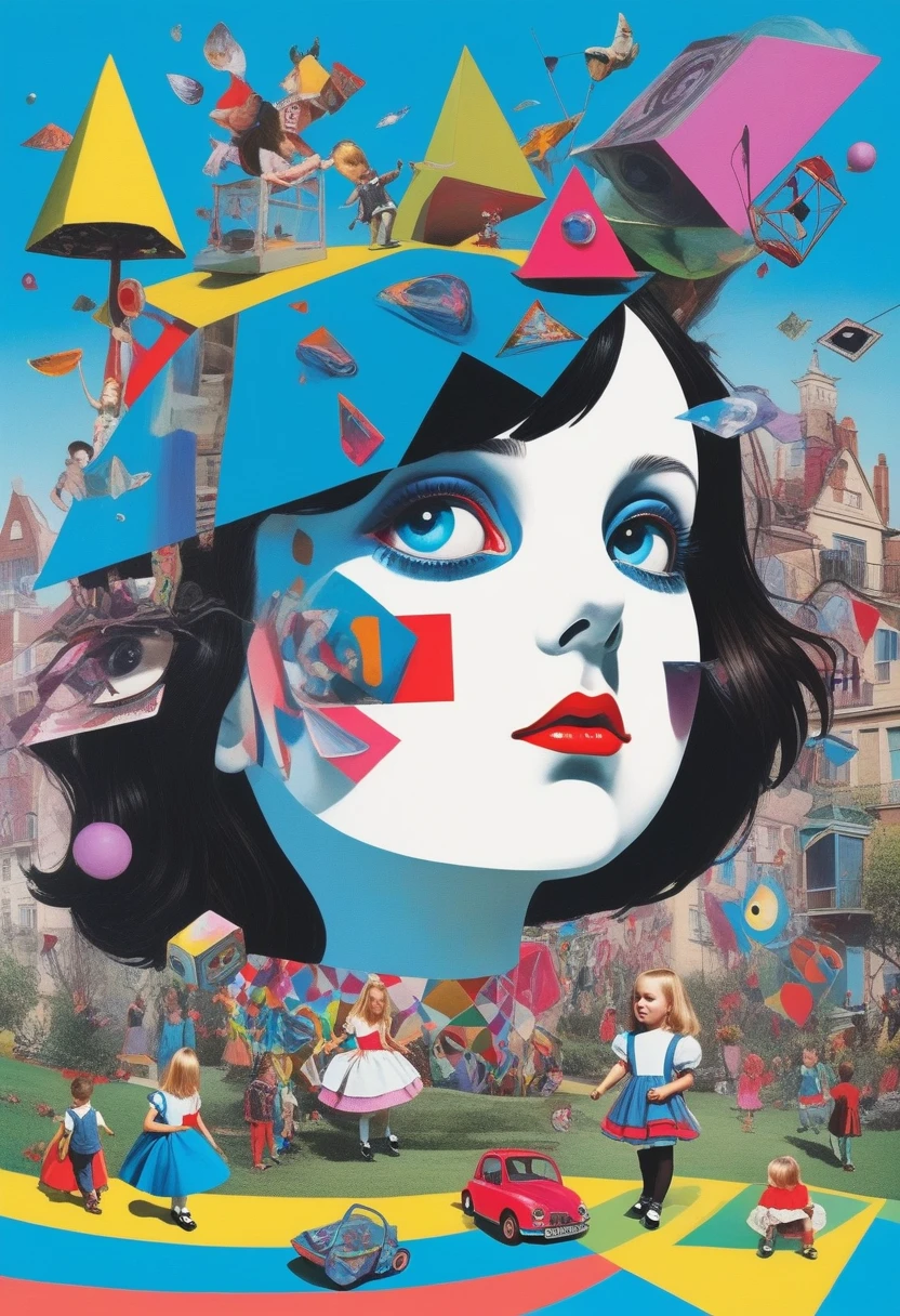 lewis carrol, Alice in Wonderland, Surreal and strange dislocation art：Collage，There are many different things on the faces，neon colors playground toys，Geometric Dislocation，Collage,Hollow，Artistic sense，Painting，paint，Simple, children playing infants girls and boys
