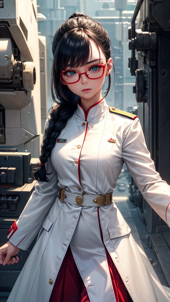(Highest resolution),((Maximum eye detail))(Beautiful picture),Close-up photo,(Maximum face detail)),Sci-fi movie poster,(small breasts),(สไตล์ภาพscience fiction),(best quality),(Masterpiece),(Maximum face detail),((realistically,three dimensional face)), Maximum face resolution,adult,East Asian woman, figure,black hair,(Bangs),(double braid hairstyle),green eyes,((red glasses)),(high military uniform),Long skirt, white coat,future,science fiction,Standing on an aircraft carrier