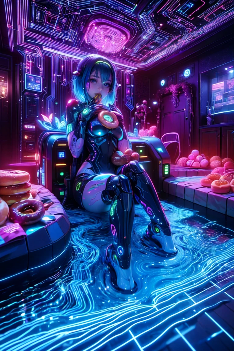 top quality, future world, State-of-the-art robot, Beautiful Woman swimming in donuts pool and eat the donuts, Transformed into a cyborg except for the face, whole body photo, (Eating Donuts:1.4 , full of donuts photo, donuts in hands, donuts in mouth, full of donuts in room)