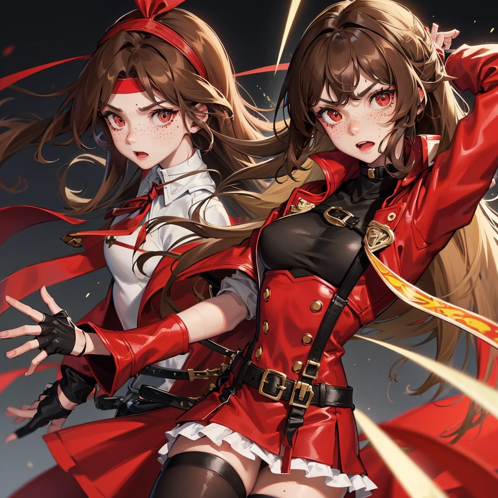 1 girl, light skin color, long brown hair, Red eye, serious facial expression, freckles, red ribbon, red jacket, black skirt, black top, black paint, fingerless gloves, black headband