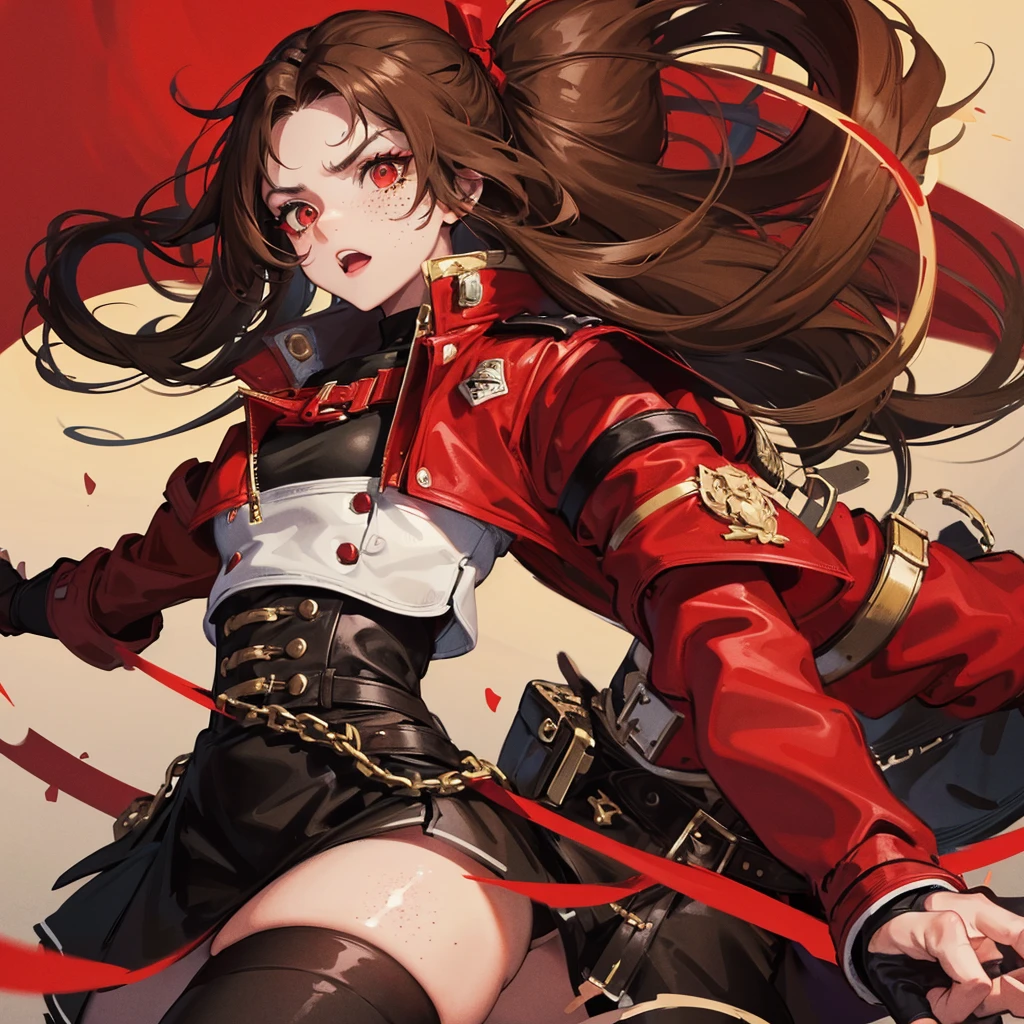 1 girl, light skin color, long brown hair, Red eye, serious facial expression, freckles, red ribbon, red jacket, black skirt, black top, black paint, fingerless gloves, black headband