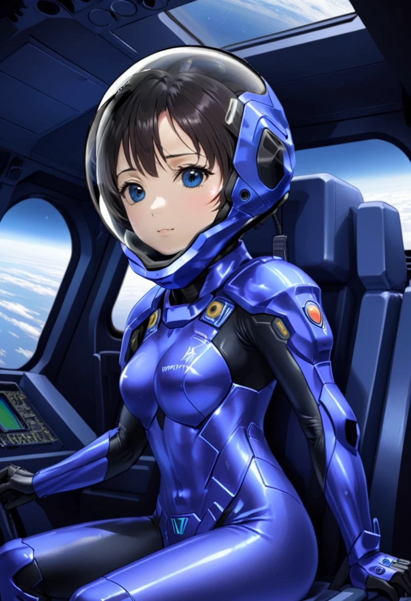 ((Female pilot in the cockpit of a reconnaissance plane), (airplane cockpit), (in flight), (10000 feet altitude)、(sky view):1.7),, short hair, street, emo, BLACK hair, white eyes, eyeliner, apocalypse, girl, nside the (cockpit:1.9) of a (futuristic spaceship:1.6), , blush,sitting on a chair, covered navel, space helmet, muvluv, space helm, plug suit , space helmet, eva helm, space suit, short hair, from side, blue bodysuit
