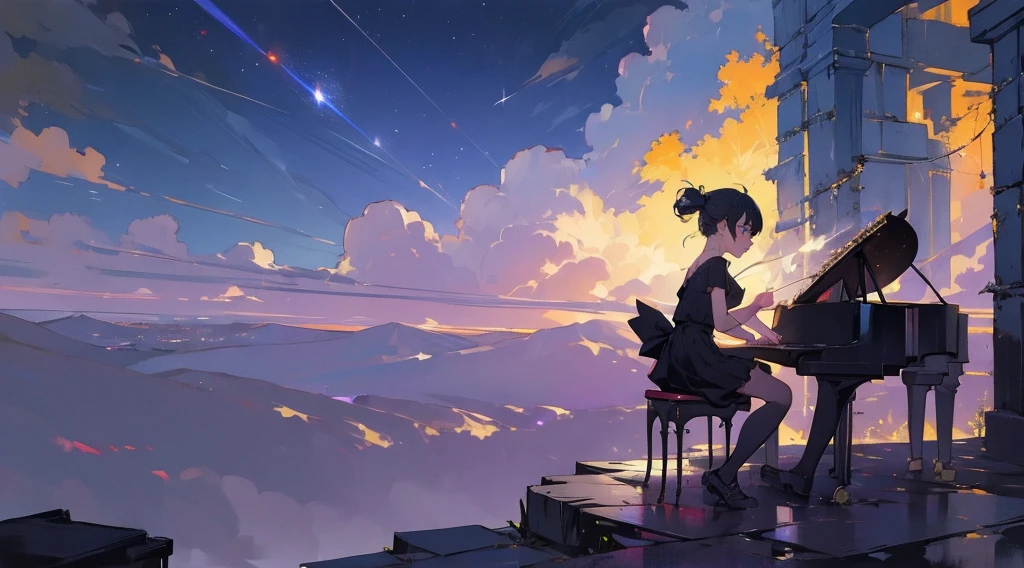 (masterpiece:1.3), (the best quality:1.2), 

masterpiece,night,(dark alley),star、Night Sky、Overlooking the city、milky way、Back view、
(1 girl), (solo), Knee hugging sitting，acousticguitar