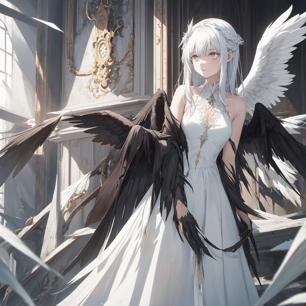 In the ethereal realm of angels, The painting depicts a lonely white angel，With delicate broken wings，Spread farther than usual, Create mesmerizing scenes. Her aura, As brilliant as the sun, Exudes a soft glow，Same as her outfit，It is pure white color. Seems lost in thought, She maintains a state of quiet solitude.

A sharp contrast, There lies a  black angel, Her wings are also long and slender，But it is broken in a jagged shape. A dark halo surrounds her ethereal form, The black tone that unifies her image. Her heterochromatic pupils, Semi-luminous