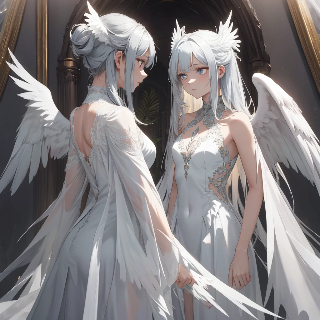 In the ethereal realm of angels, The painting depicts a lonely white angel，With delicate broken wings，Spread farther than usual, Create mesmerizing scenes. Her aura, As brilliant as the sun, Exudes a soft glow，Same as her outfit，It is pure white color. Seems lost in thought, She maintains a state of quiet solitude.

A sharp contrast, There lies a  black angel, Her wings are also long and slender，But it is broken in a jagged shape. A dark halo surrounds her ethereal form, The black tone that unifies her image. Her heterochromatic pupils, Semi-luminous