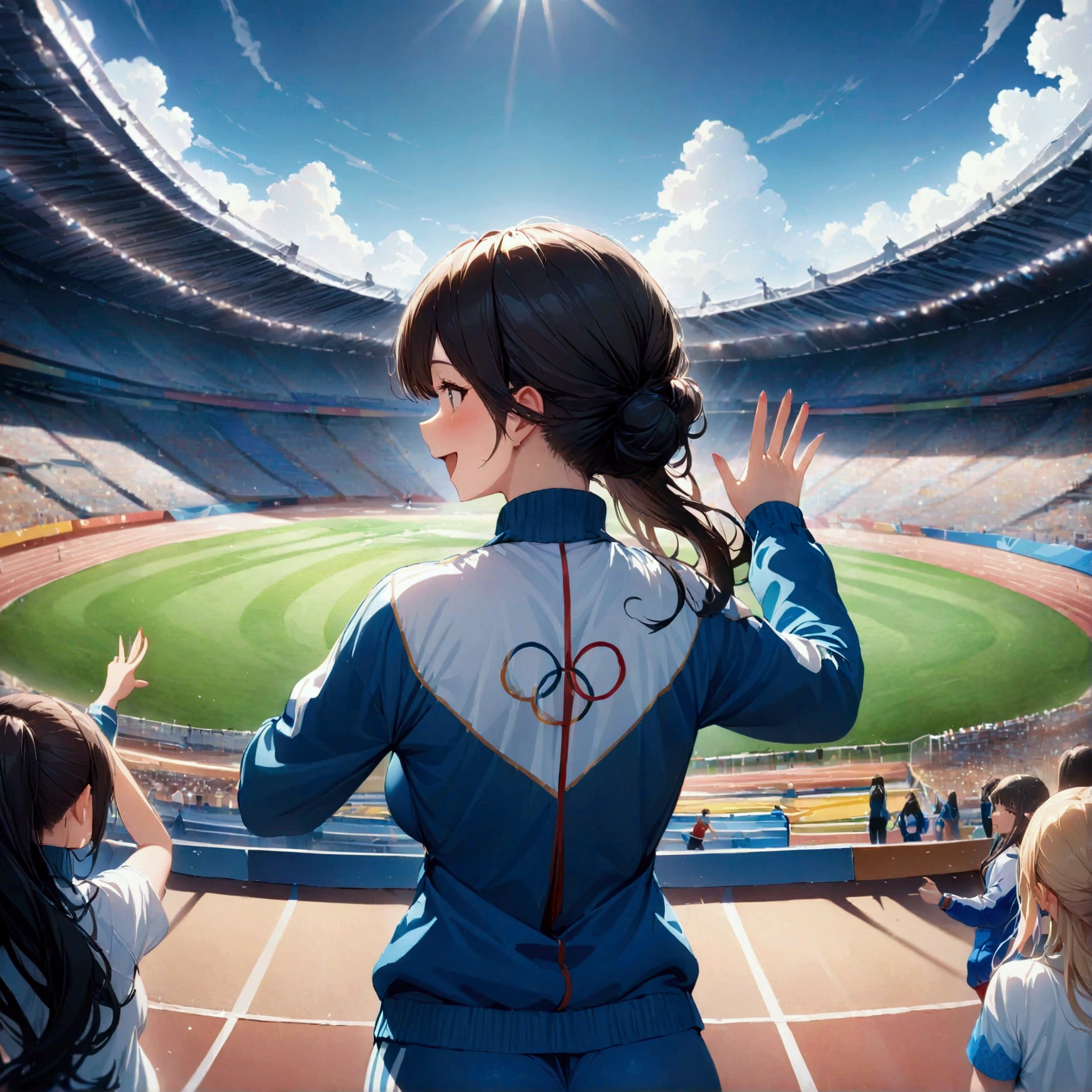 winning run, wave to the audience, multiple girls, 3girls, (masterpiece:1.2), best quality, high quality, Highres, (hyper detailed), 4K, high resolution, extremely detailed CG, Olympic, athlete, track suit, from behind, happy, detailed background, wide shot,