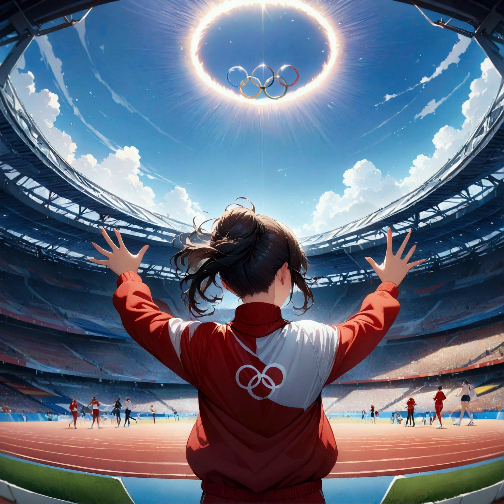 winning run, wave to the audience, multiple girls, 3girls, (masterpiece:1.2), best quality, high quality, Highres, (hyper detailed), 4K, high resolution, extremely detailed CG, Olympic, athlete, track suit, from behind, happy, detailed background, wide shot,