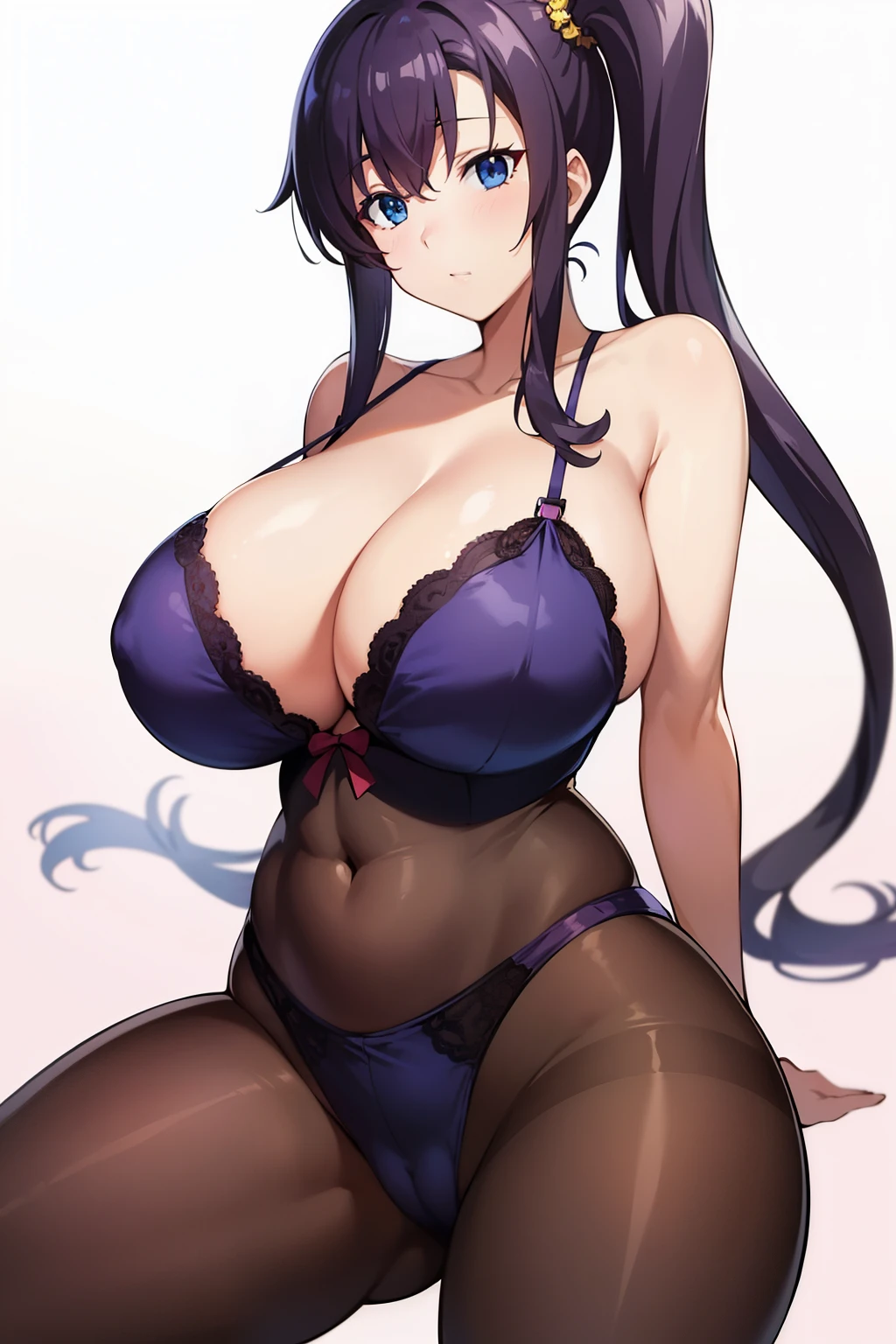 gigantic breasts, Anime cel drawing style, Best Quality, High resolution, gigantic breasts:1.8, bra, blue eyes, Purple hair, Bangs, Side Ponytail, Hair Ornament, pantyhose, yellow panties, cameltoe