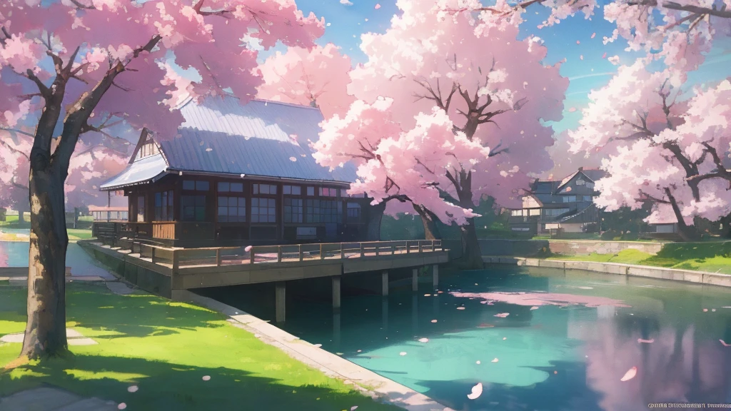 best quality, Small lake in the city, Cherry tree, Cherry blossom petals, Buildings in the background, Vision, Colorful anime artwork, Beautiful sky, Beautiful sunshine, Stunning scenery, Stunning visuals, beautiful anime artwork, Super sharp, masterpiece, high resolution, 8K