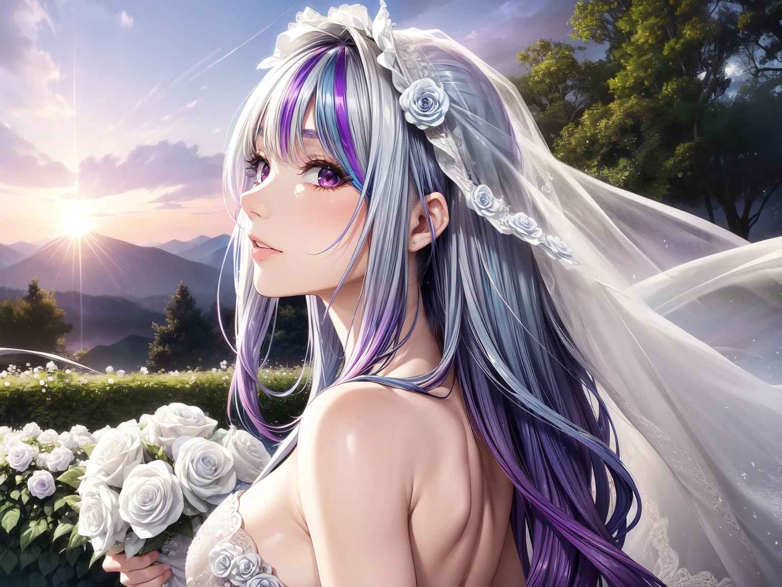 (masterpiece, best quality, beautiful and aesthetic:1.3), look back, side view, 1woman, solo, matured woman,  (Silver blue hair streaked purple:1.4), (Gradient sky blue hair ends:1.6), hair strand, absurdly long hair, single sidelock, wavy hair, shiny hair, floating hair, (deep red eyes), delicate eyes, aqua eyes, super high detailed eyes, long upper eyelashes, makeup, Focus on face, Very detailed facial, Perfect breasts, hot body, (Delicate skin texture:1.2), bridal veil, lace-trimmed dress, see-through, wedding dress, outdoors, white roses, garden, morning, standing, extreme detailed, (A little embarrassing)