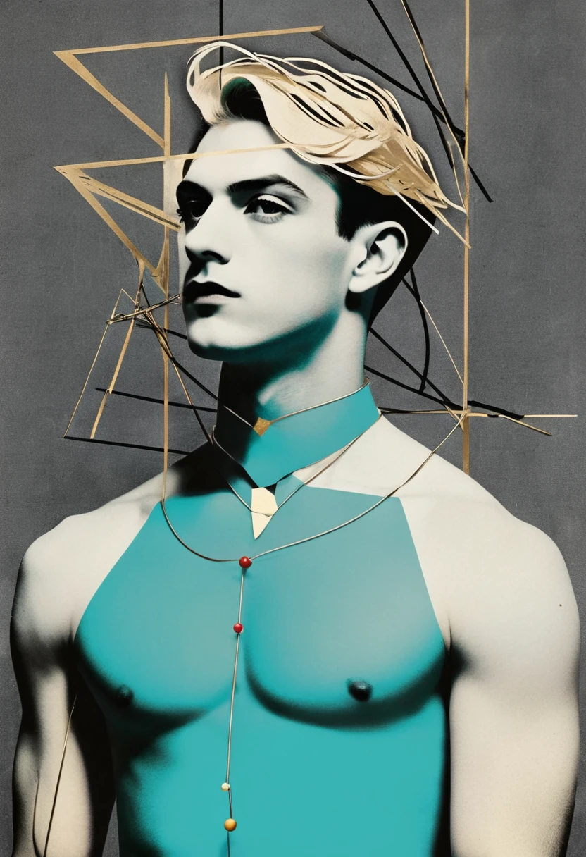 Man Ray：dadaist。Minimalist geometry，Multi-layer collage，Irregularly cropped photos to create a collage，Gray empty，( Dark Fantasy Posters:1.1), masterpiece, best quality, 1 boy, (Bauhaus, shape, Wire, Abstract:1.1) Black, turquoise, gold, male man young muscular bare chest pale blonde teen