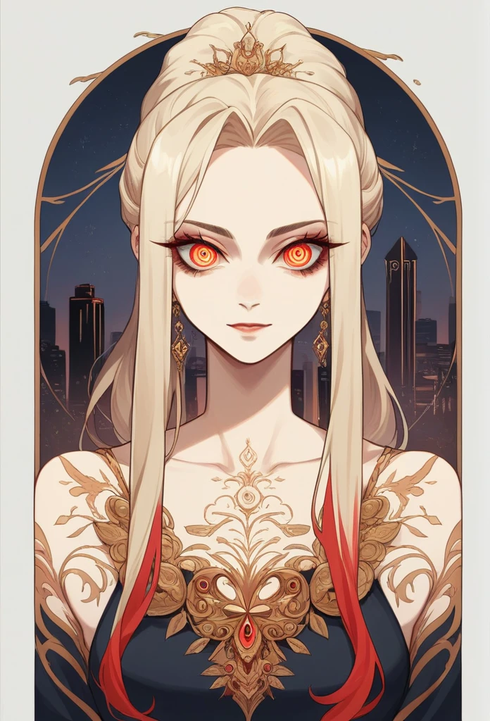 Impressive female portrait depicting a woman with long hair, Light blonde hair with lots of vibrant red highlights, cute, Very luxurious, Creates a unique two-tone effect, Long hair ponytail. Her big, Sharp, red, bloodshot eyes staring intensely, Lovely, Adds an unsettling yet seductive presence. Dressed formally, Her body is adorned with numerous intricate tattoos., The face has a prominent moon design on it.. Full Body Shot, Cowboy Shot. Symmetrical female features and malevolence, A big smile conveys badness, Ominous attitude, In the Dark, Cityscape Background, With a mysterious dress, Gold ornaments,